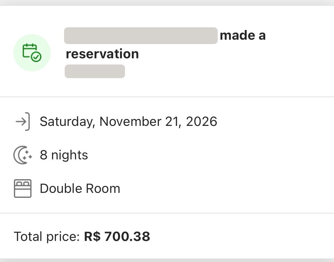 Print de reserva confirmada: quarto duplo, 8 noites, total de R$ 700,38