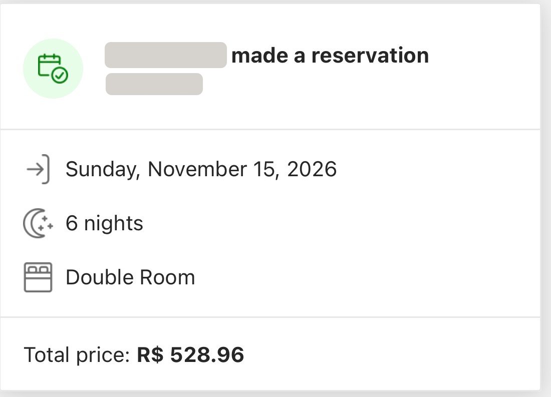 Print de reserva confirmada: quarto duplo, 6 noites, total de R$ 528,96