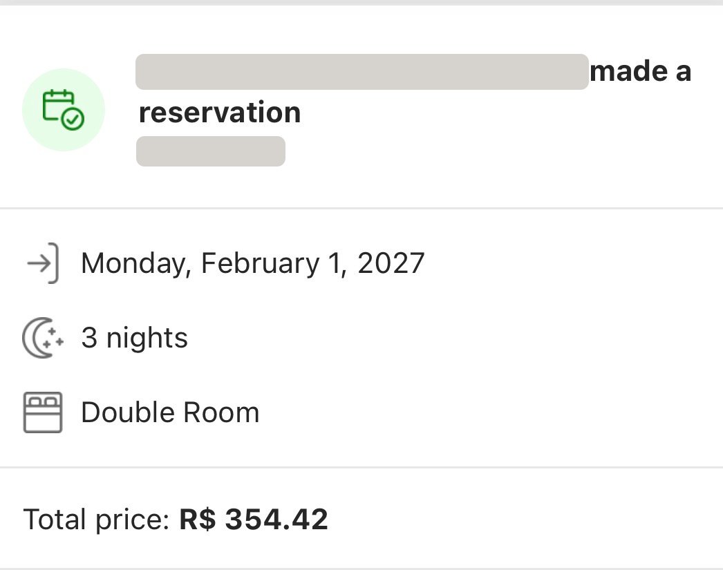 Print de reserva confirmada: quarto duplo, 3 noites, total de R$ 354,42