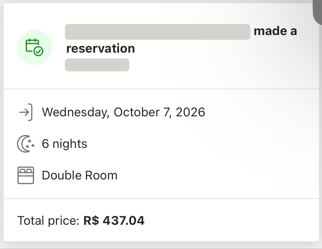 Print de reserva confirmada: quarto duplo, 6 noites, total de R$ 437,04